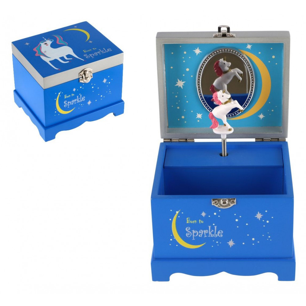 Skříňka šperkovnice Jednorožec hrající odklápěcí 12,5x10,5cm - modrá