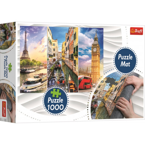 TREFL Puzzle Koláž měst Paříž-Benátky-Londýn 1000 dílků + Podložka pod puzzle ~ 1